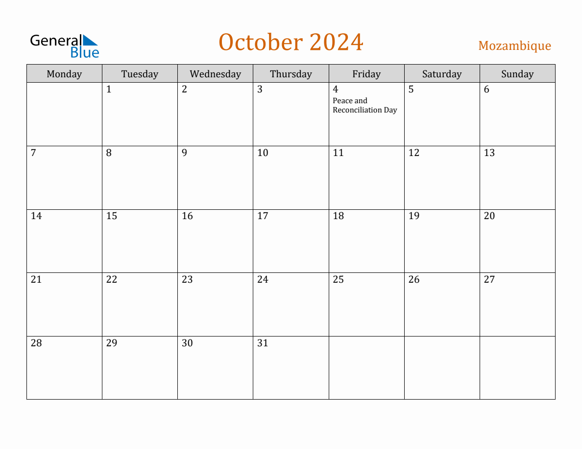 Free October 2024 Mozambique Calendar