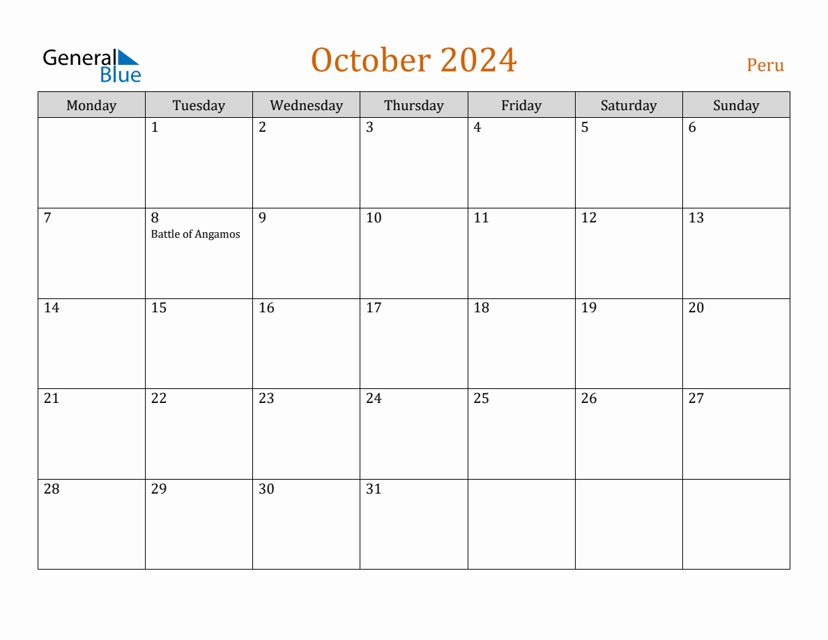 Free October 2024 Peru Calendar