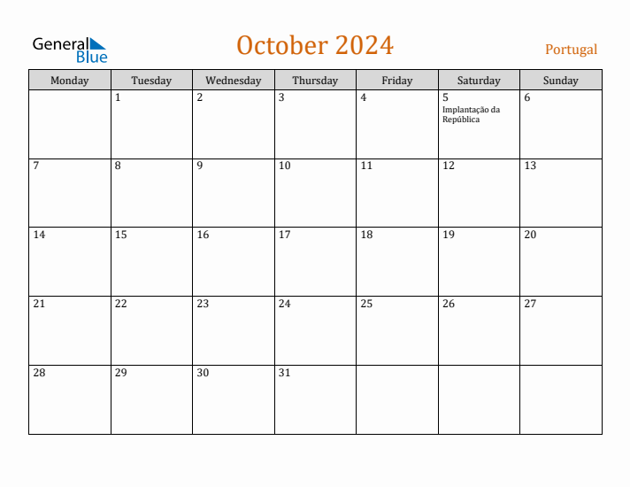 October 2024 Holiday Calendar with Monday Start