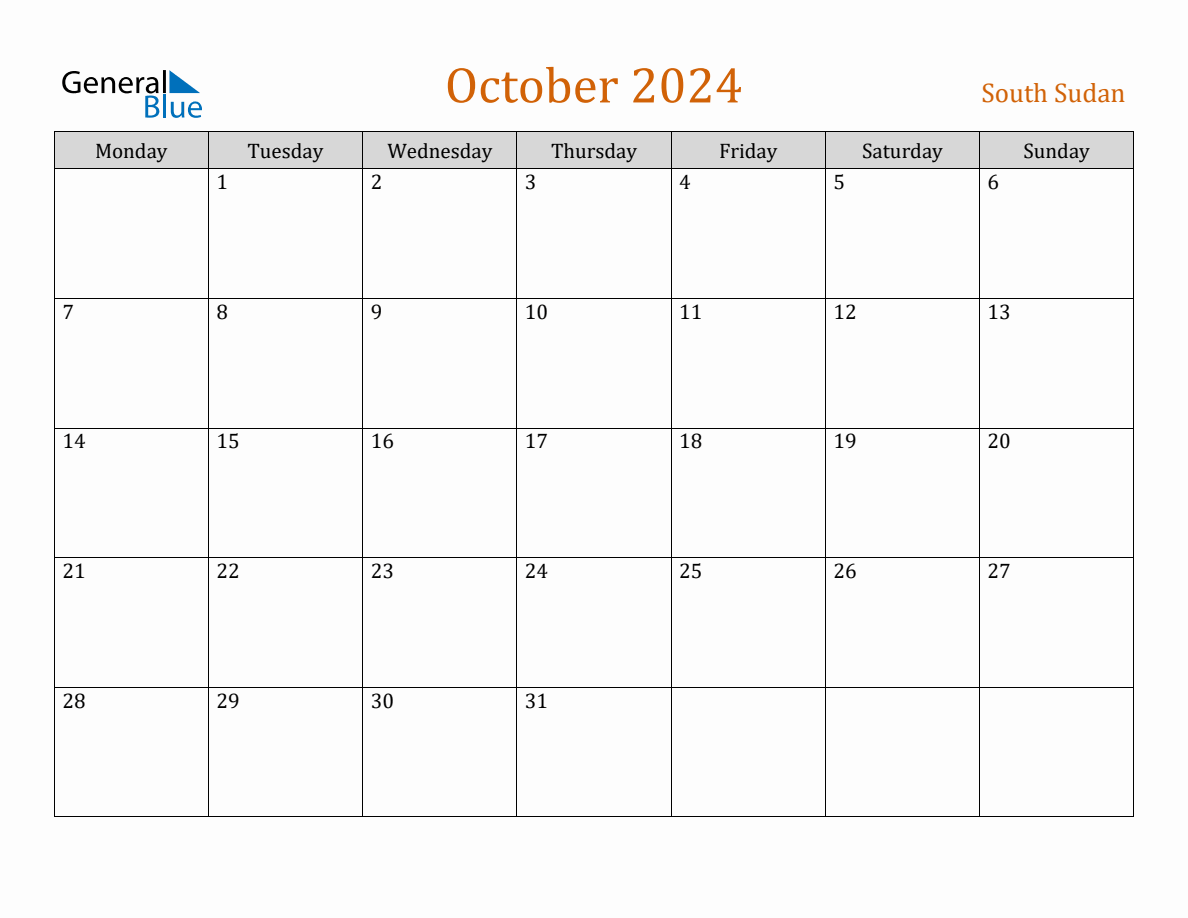 Free October 2024 South Sudan Calendar