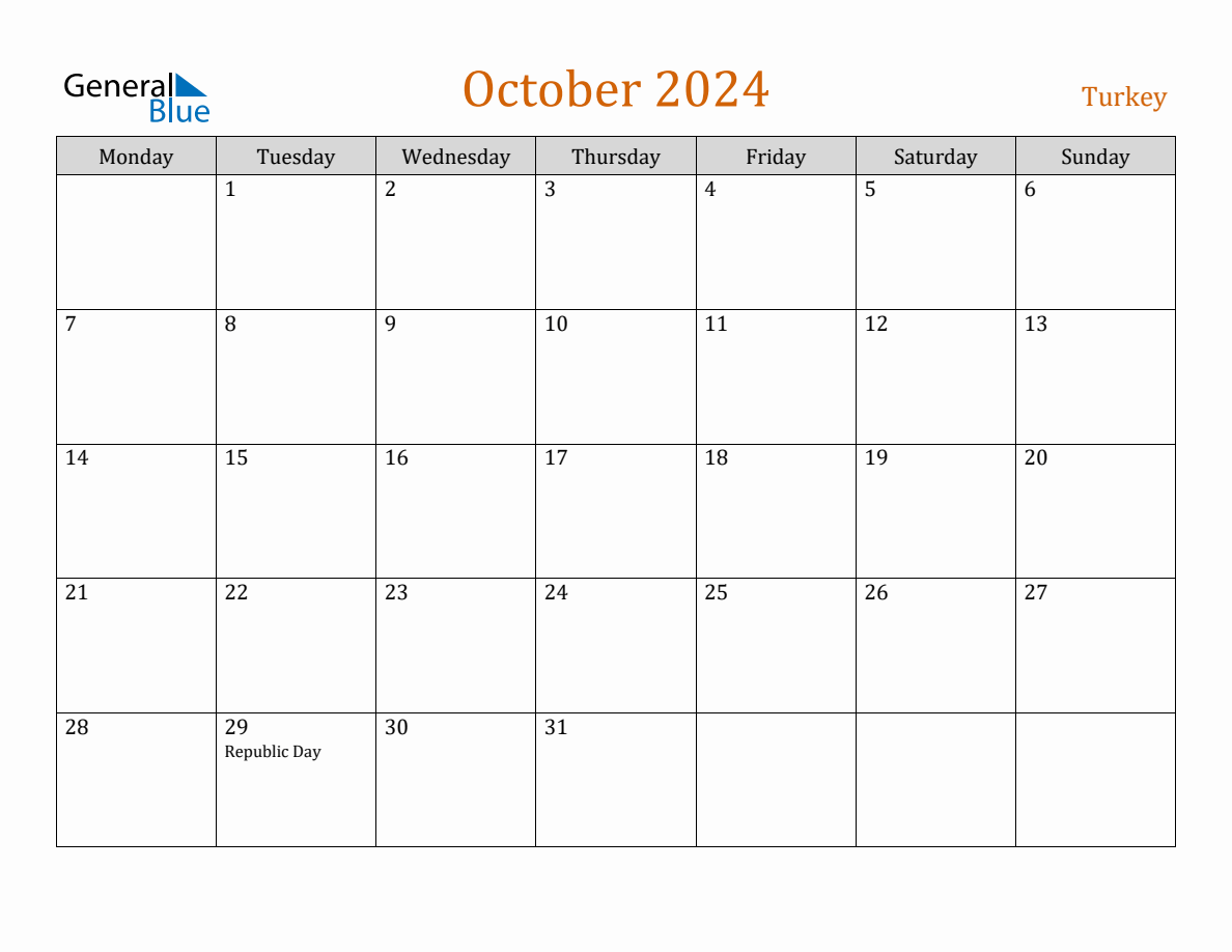Free October 2024 Turkey Calendar