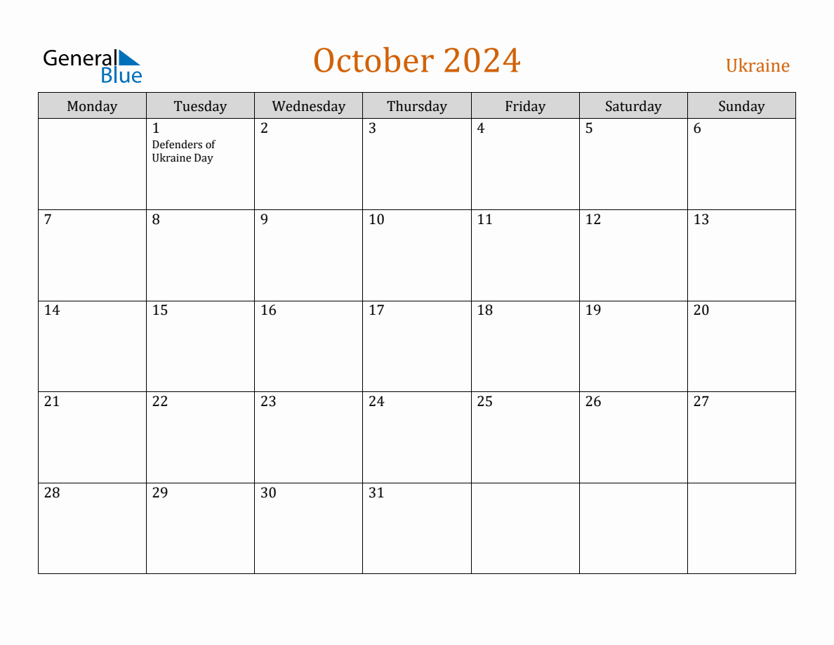 Free October 2024 Ukraine Calendar