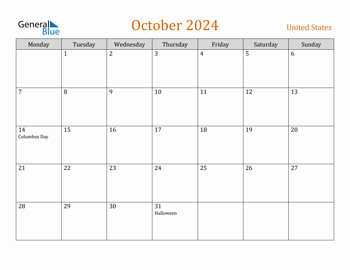 Free October 2024 United States Calendar