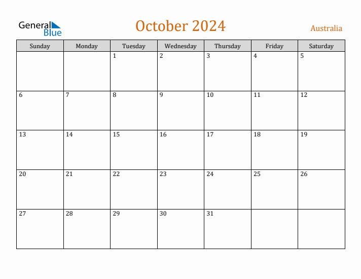 October 2024 Monthly Calendar with Australia Holidays