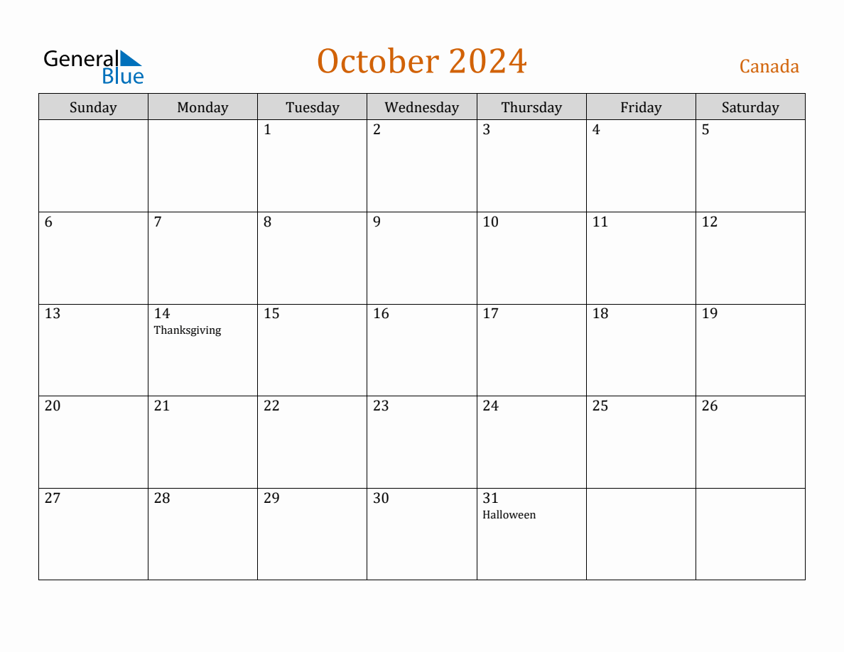 Free October 2024 Canada Calendar