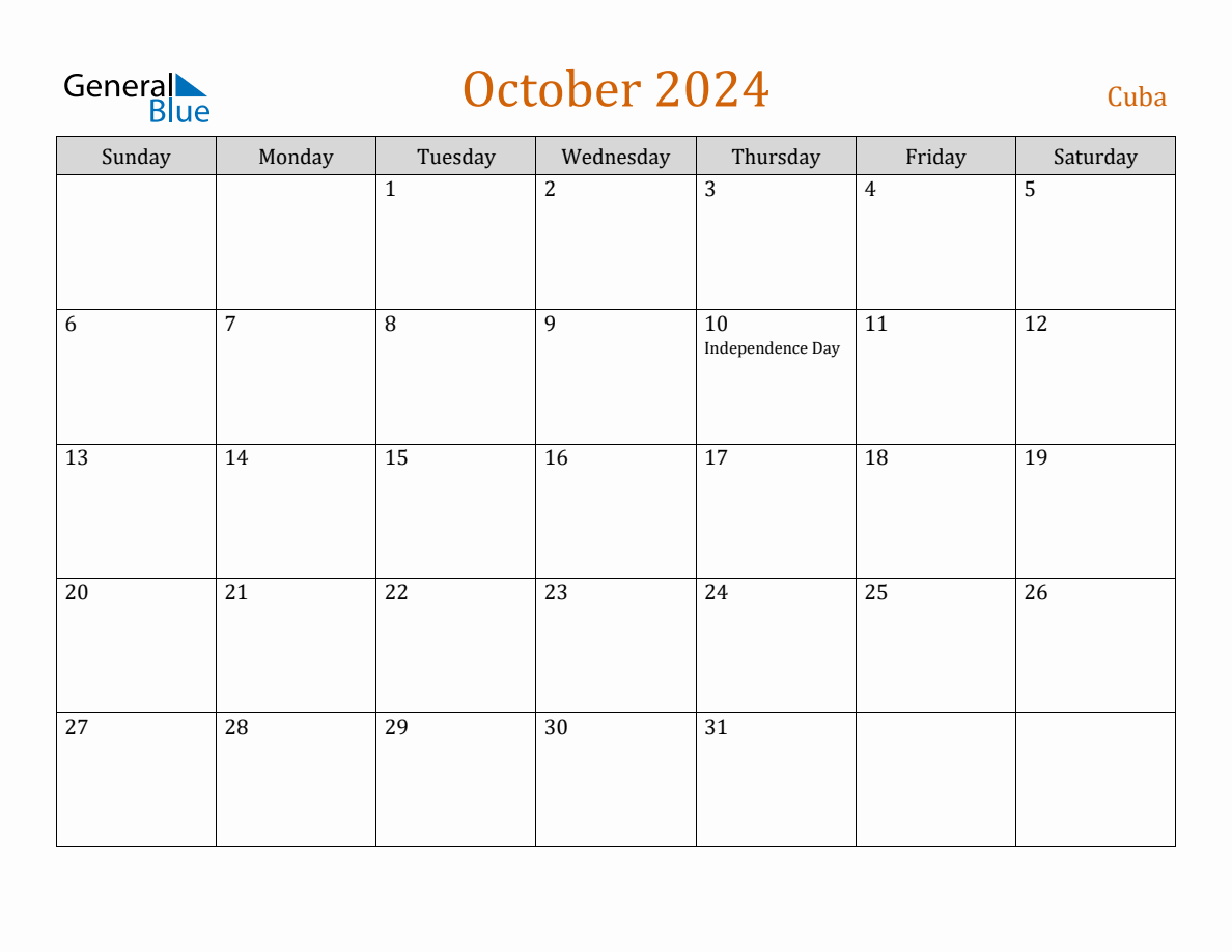 Free October 2024 Cuba Calendar