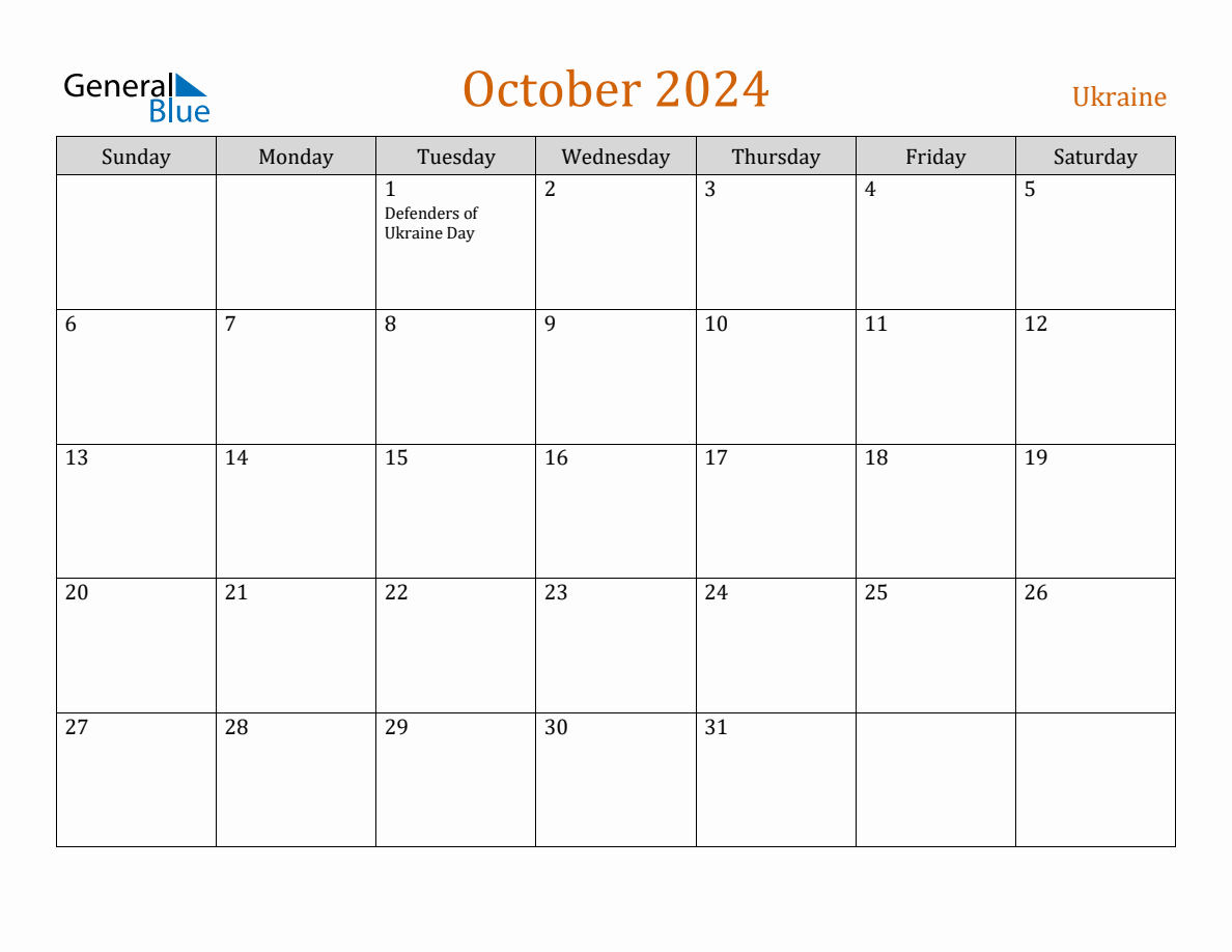Free October 2024 Ukraine Calendar