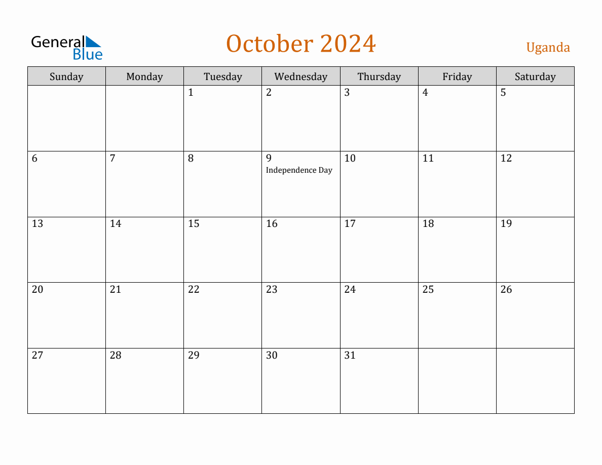 Free October 2024 Uganda Calendar