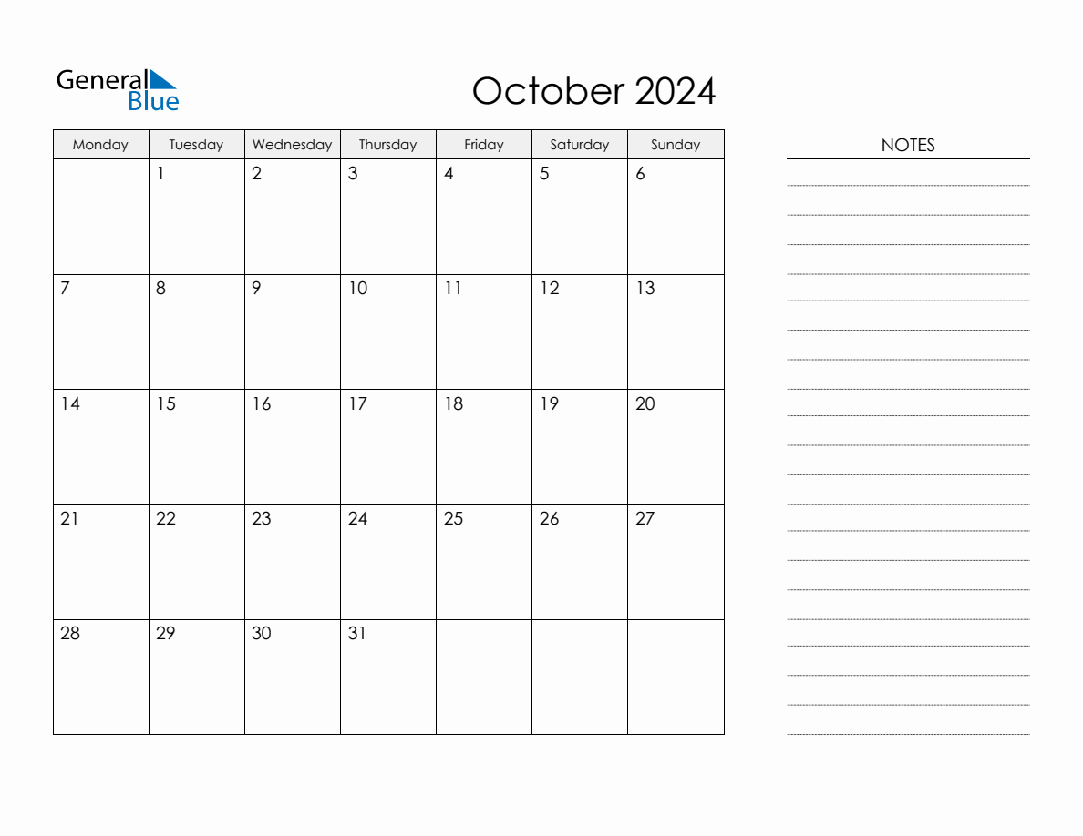 Printable Monthly Calendar with Notes October 2024