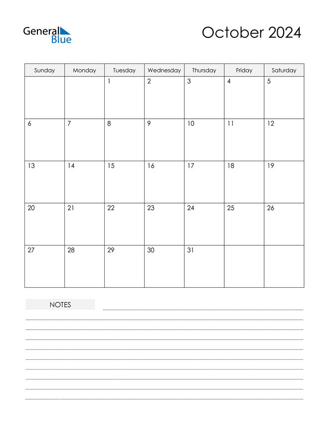 October 2024 Printable Calendar With Notes