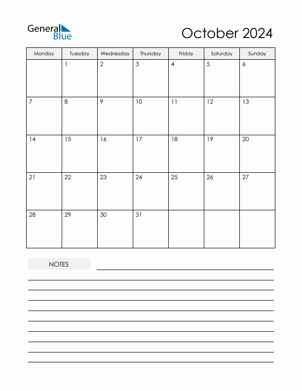 October 2024 Monday Start Calendar (PDF, Excel, Word)