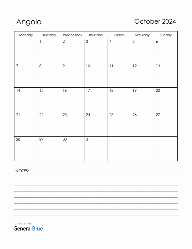 October 2024 Angola Calendar with Holidays (Monday Start)