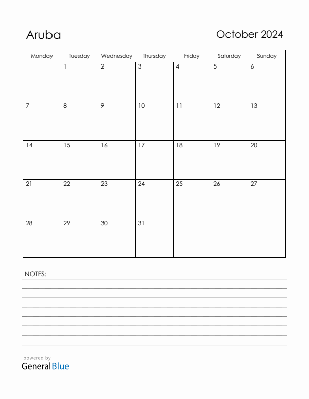 October 2024 Aruba Calendar with Holidays (Monday Start)
