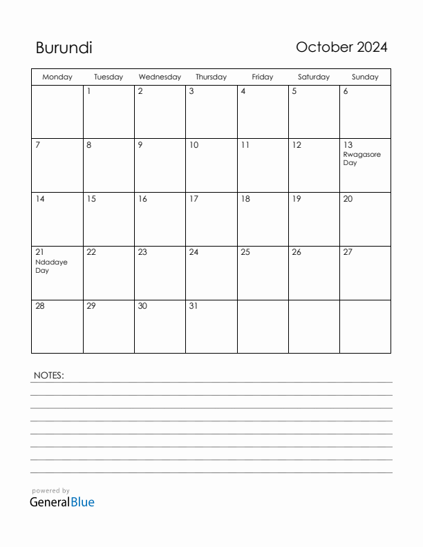 October 2024 Burundi Calendar with Holidays (Monday Start)