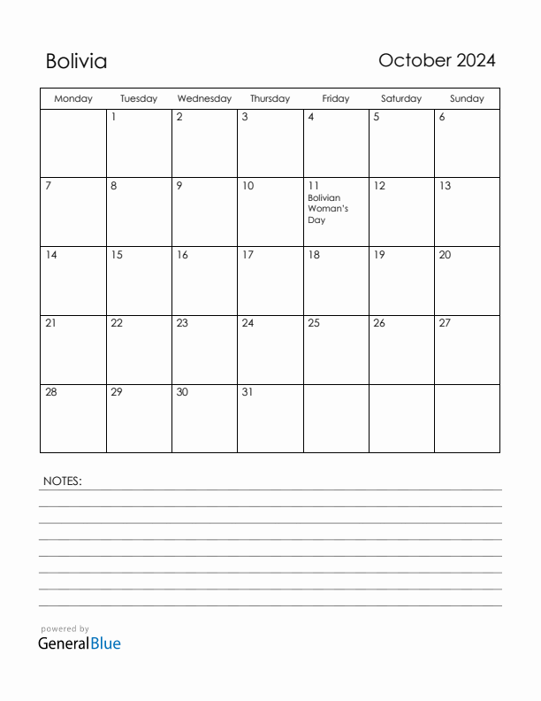 October 2024 Bolivia Calendar with Holidays (Monday Start)