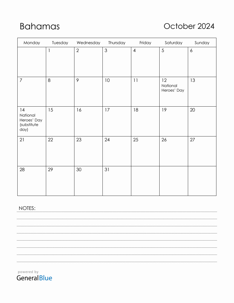 October 2024 Bahamas Calendar with Holidays