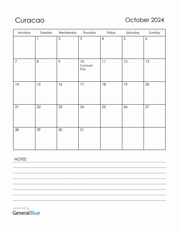 October 2024 Curacao Calendar with Holidays (Monday Start)