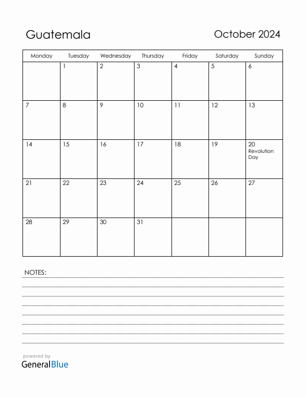 October 2024 Guatemala Calendar with Holidays (Monday Start)