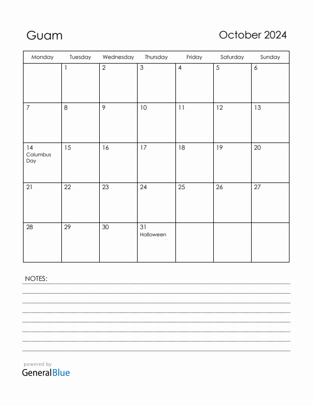 October 2024 Guam Calendar with Holidays (Monday Start)