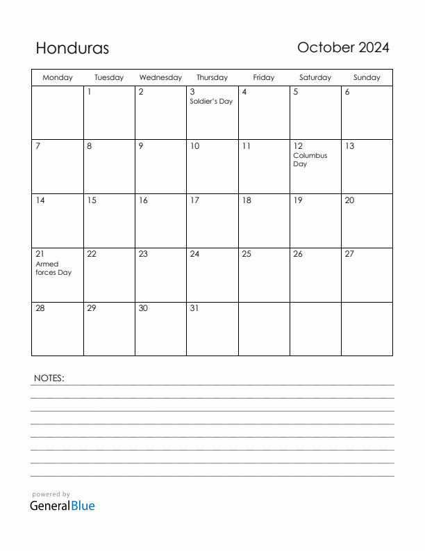 October 2024 Honduras Calendar with Holidays (Monday Start)