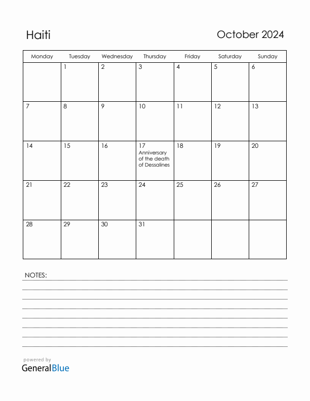 October 2024 Haiti Calendar with Holidays (Monday Start)