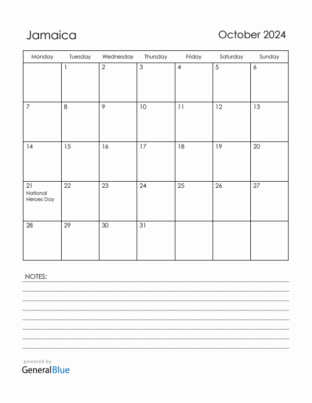October 2024 Jamaica Calendar with Holidays (Monday Start)