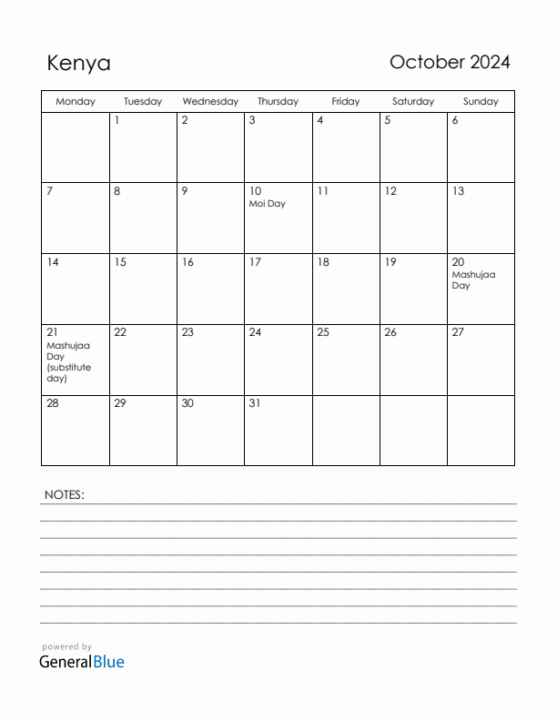 October 2024 Kenya Calendar with Holidays (Monday Start)