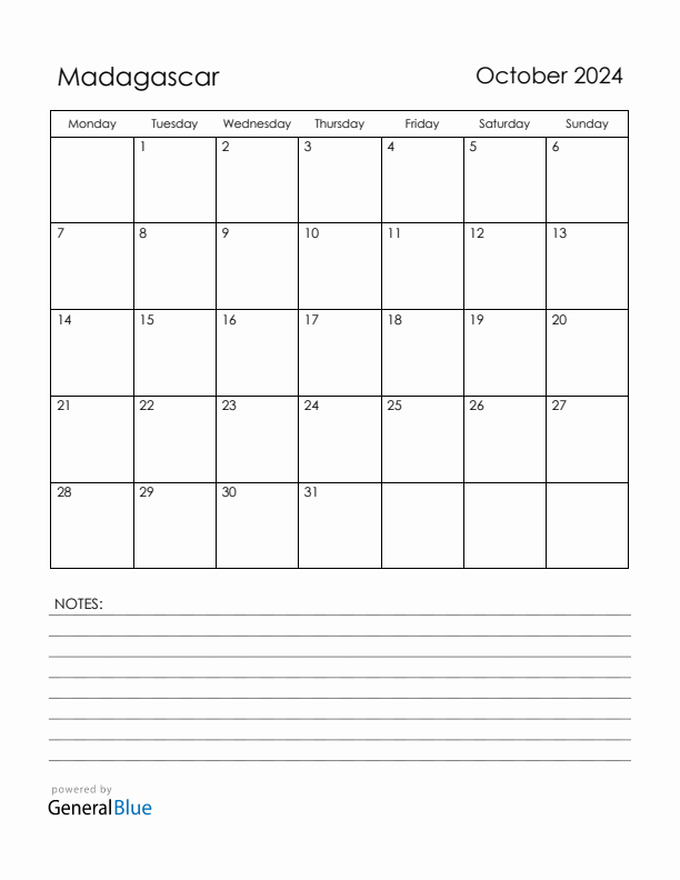 October 2024 Madagascar Calendar with Holidays (Monday Start)