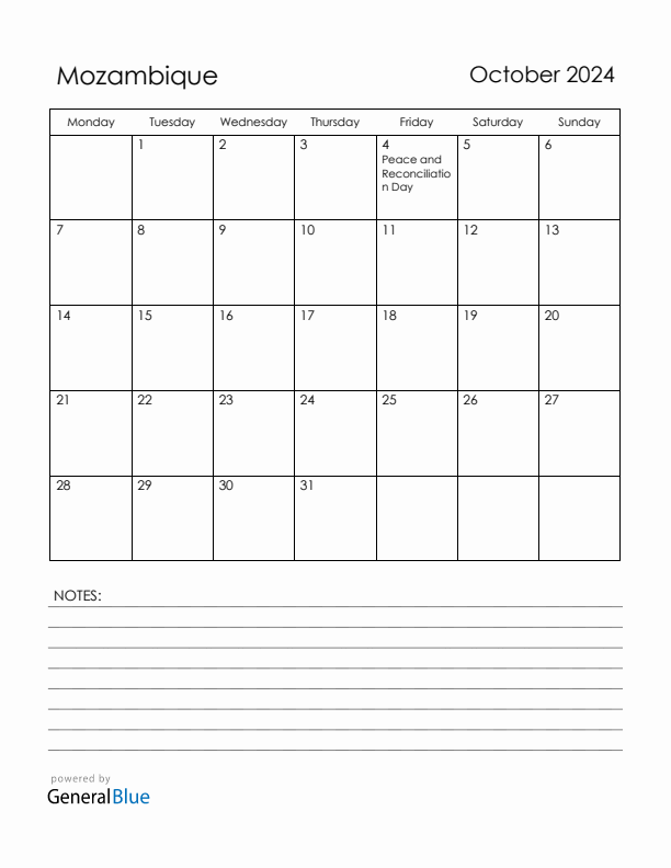 October 2024 Mozambique Calendar with Holidays (Monday Start)