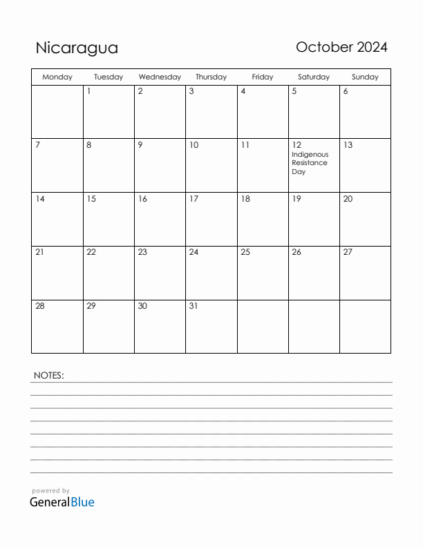 October 2024 Nicaragua Calendar with Holidays (Monday Start)