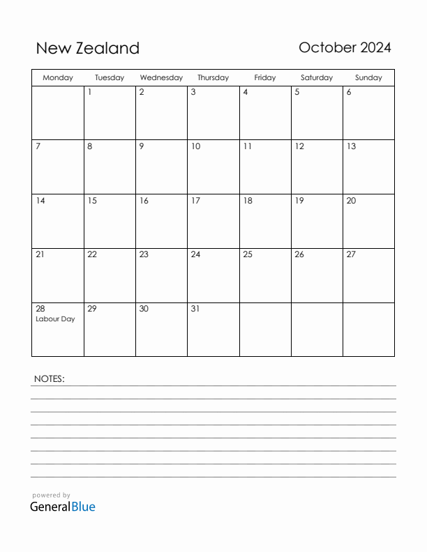 October 2024 New Zealand Calendar with Holidays (Monday Start)