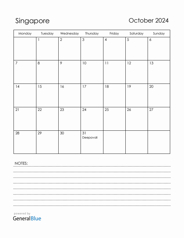 October 2024 Singapore Calendar with Holidays (Monday Start)
