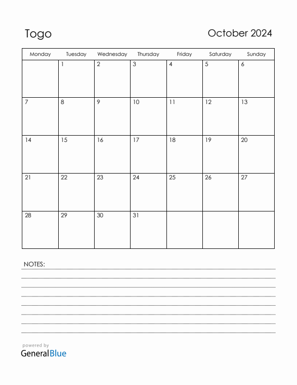 October 2024 Togo Calendar with Holidays (Monday Start)