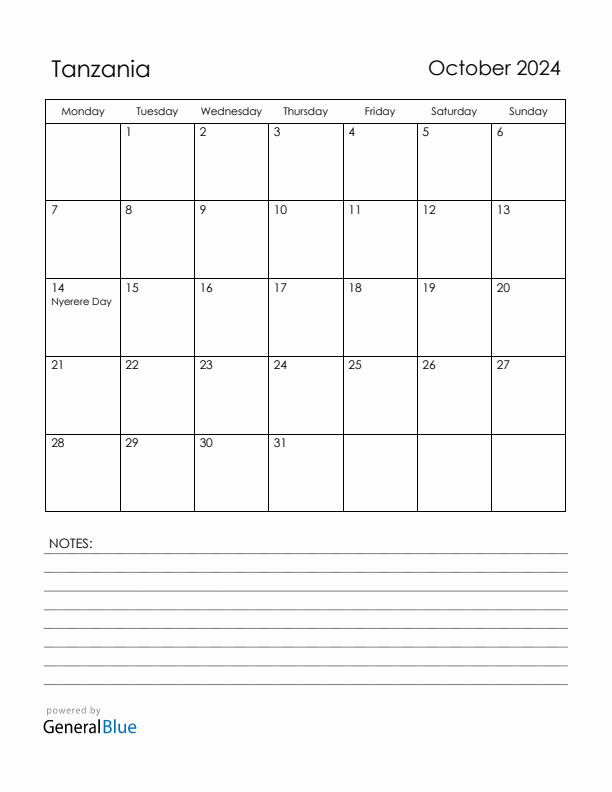 October 2024 Tanzania Calendar with Holidays (Monday Start)