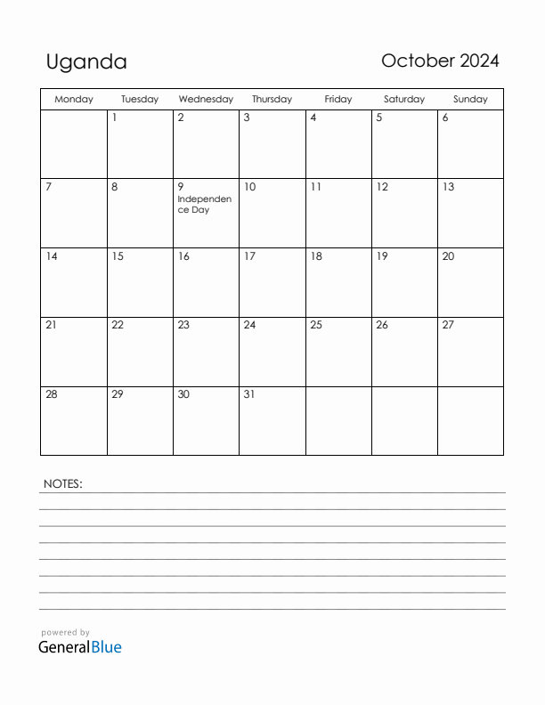 October 2024 Uganda Calendar with Holidays (Monday Start)
