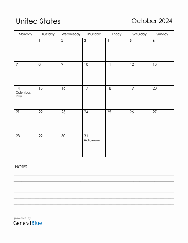 October 2024 United States Calendar with Holidays (Monday Start)