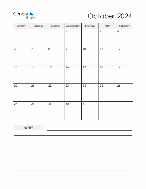 Printable Calendar with Notes - October 2024 