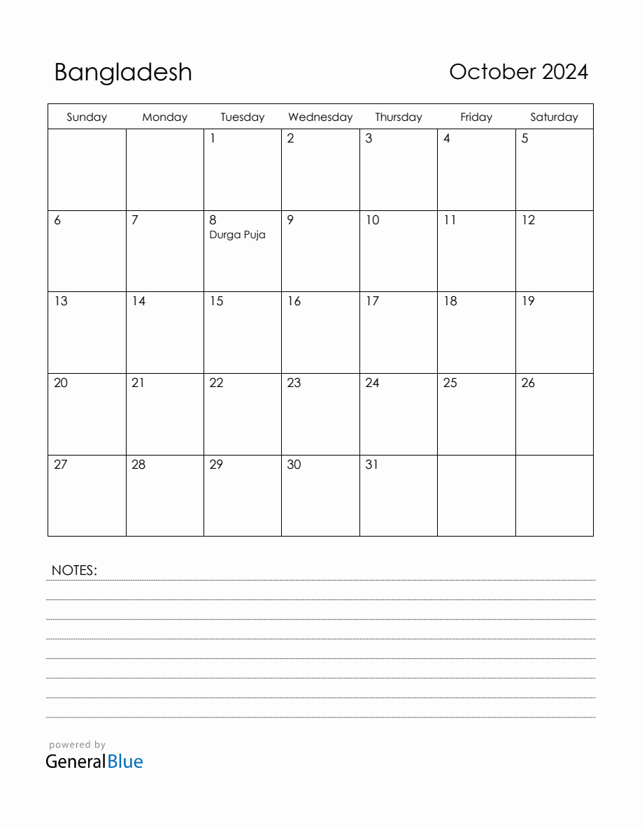 October 2024 Bangladesh Calendar with Holidays