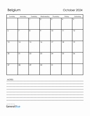 Current month calendar with Belgium holidays for October 2024