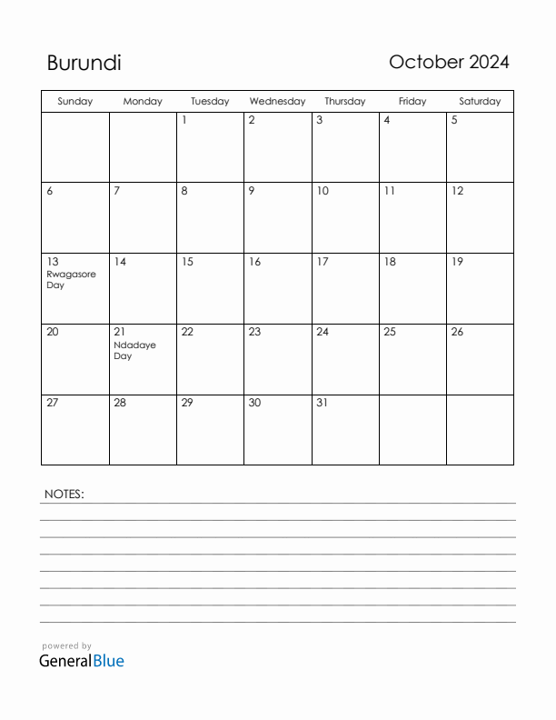 October 2024 Burundi Calendar with Holidays (Sunday Start)