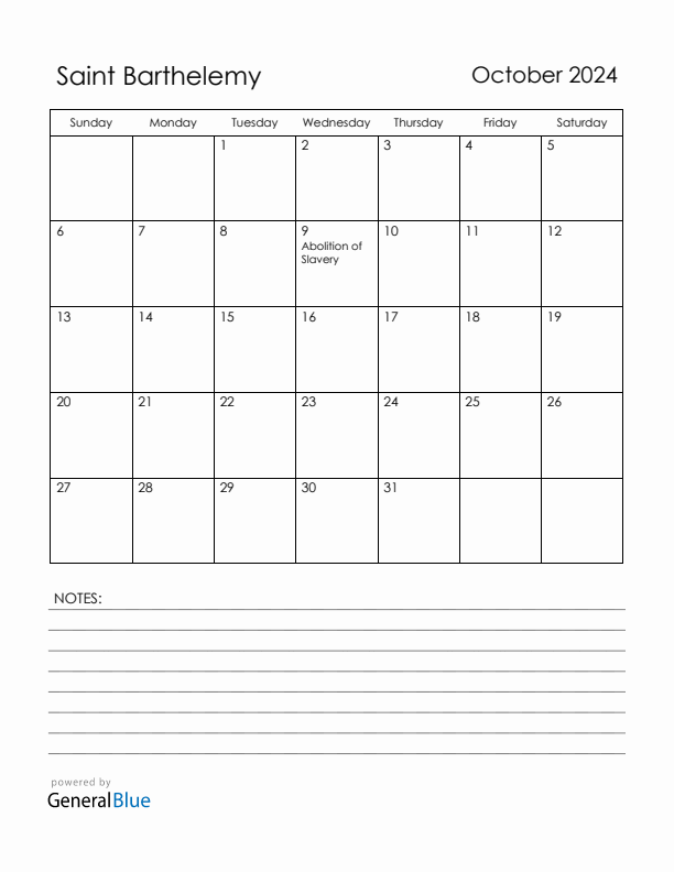 October 2024 Saint Barthelemy Calendar with Holidays (Sunday Start)