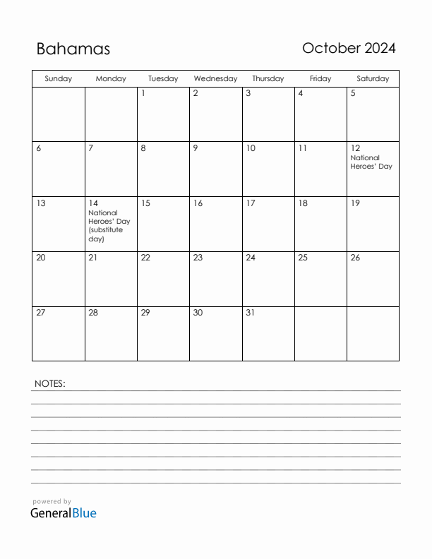 October 2024 Bahamas Calendar with Holidays (Sunday Start)