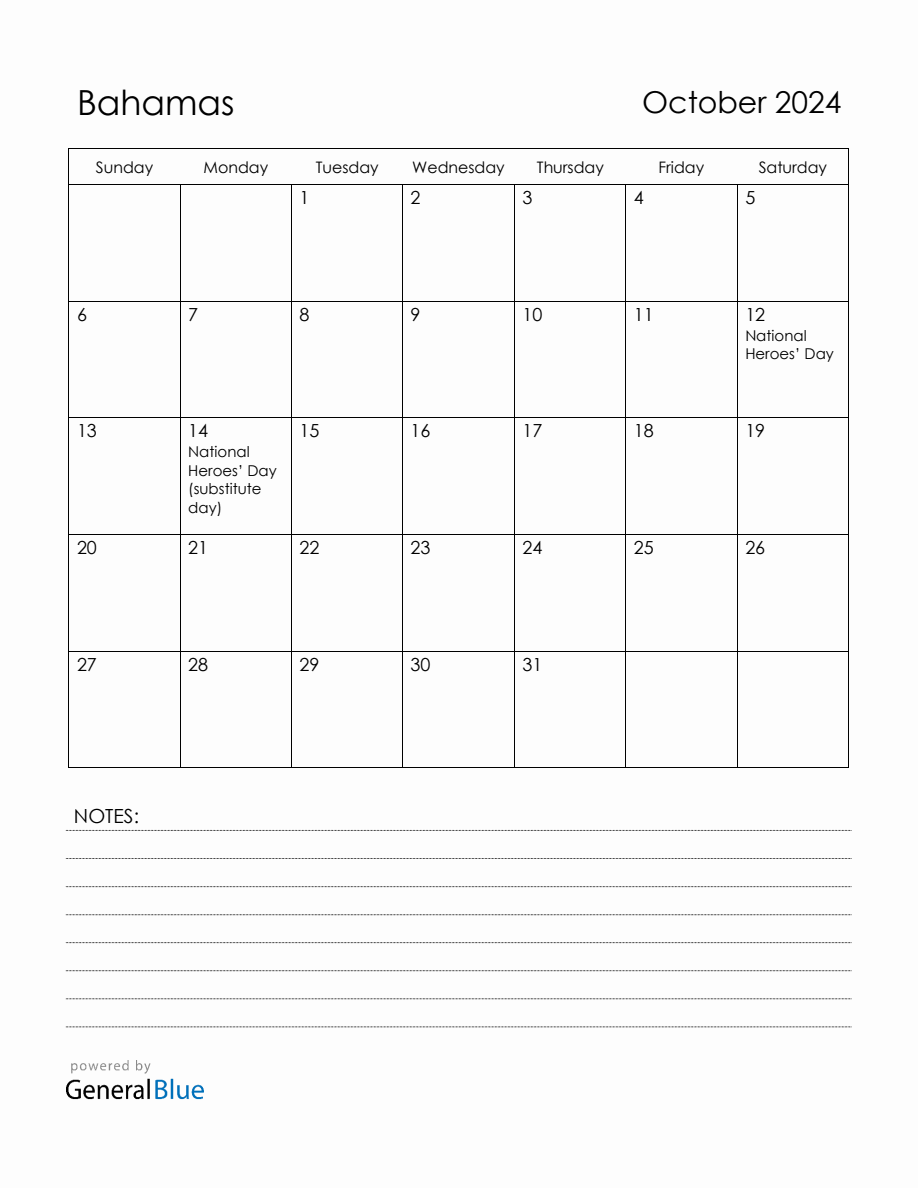 October 2024 Bahamas Calendar with Holidays