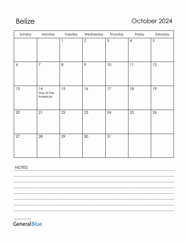 October 2024 Belize Calendar with Holidays (Sunday Start)