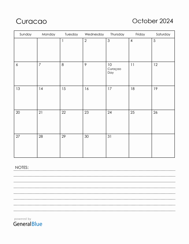 October 2024 Curacao Calendar with Holidays (Sunday Start)