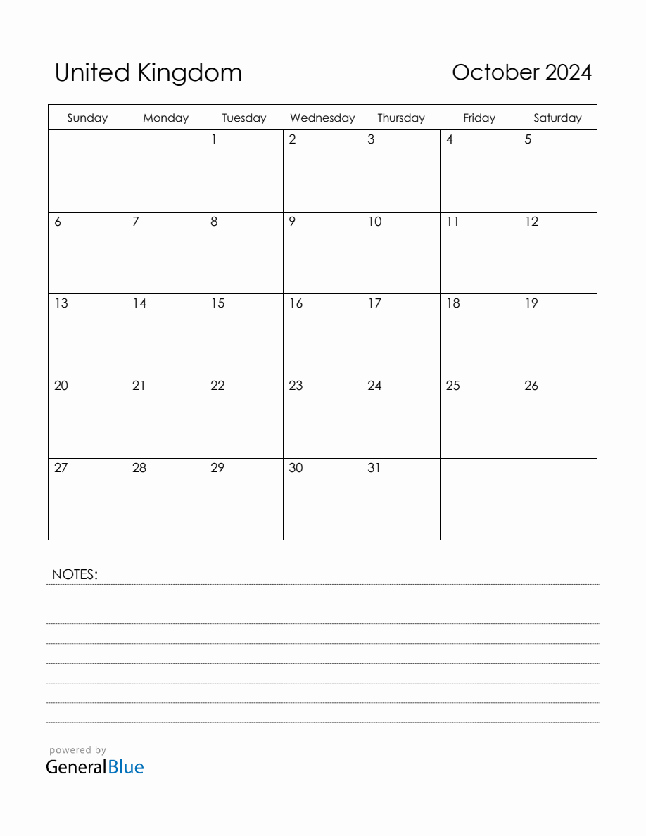 October 2024 United Kingdom Calendar with Holidays