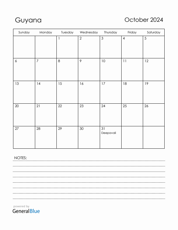 October 2024 Guyana Calendar with Holidays (Sunday Start)