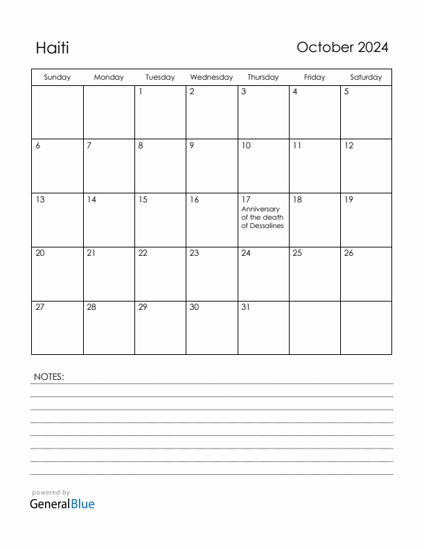 October 2024 Haiti Calendar with Holidays (Sunday Start)