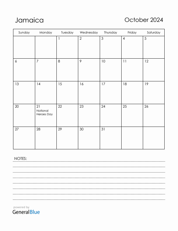 October 2024 Jamaica Calendar with Holidays (Sunday Start)