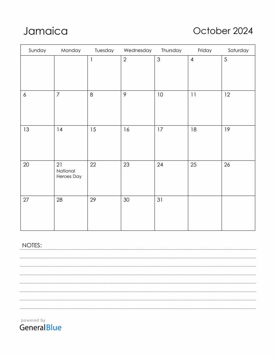 October 2024 Jamaica Calendar with Holidays